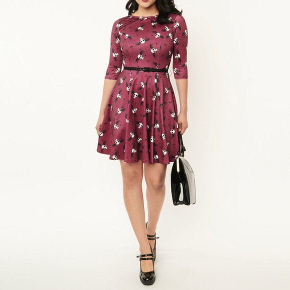 Corpse Bride x Unique Vintage Wine & Flying Skulls Stephanie Flare Dress - Picture 1 of 4